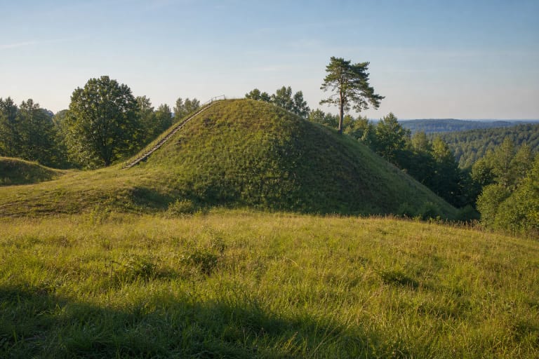 Rumbonių piliakalnio žolėtas balno silueto pylimas, laiptai ir vieniša pušis virš Nemuno slėnio vasaros rytą