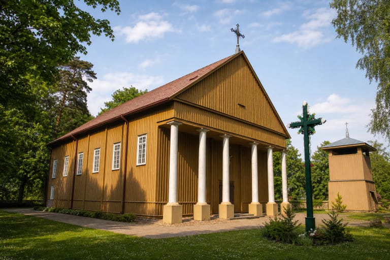 Medinė Rumbonių Švč. Trejybės bažnyčia su plačiu trikampiu frontonu, šešiomis baltomis kolonomis ir atskira varpine
