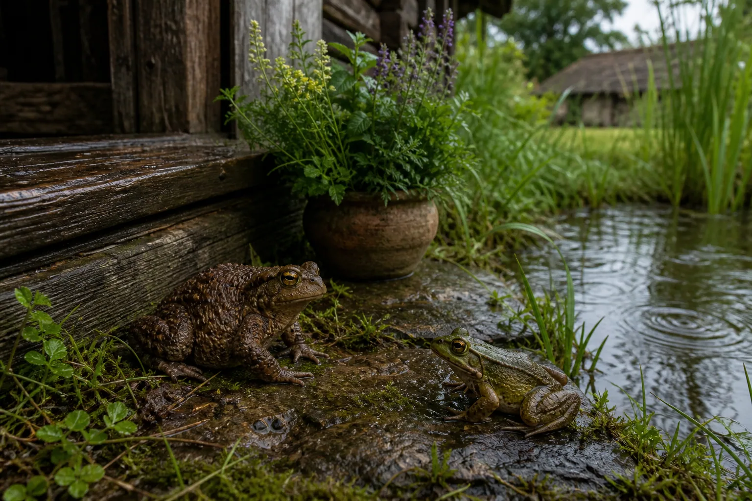 Frog and toad near a Lithuanian homestead pond after rain.