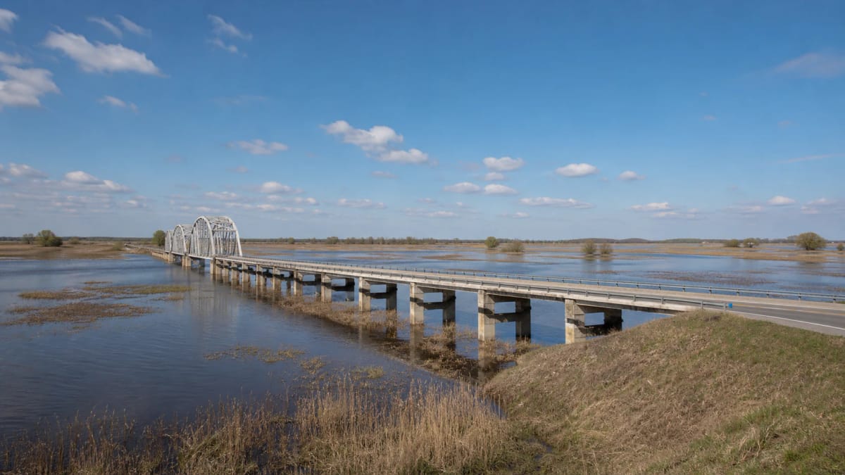 Rusnė viaduct above flooded Nemunas Delta meadows and the road to Rusnė Island