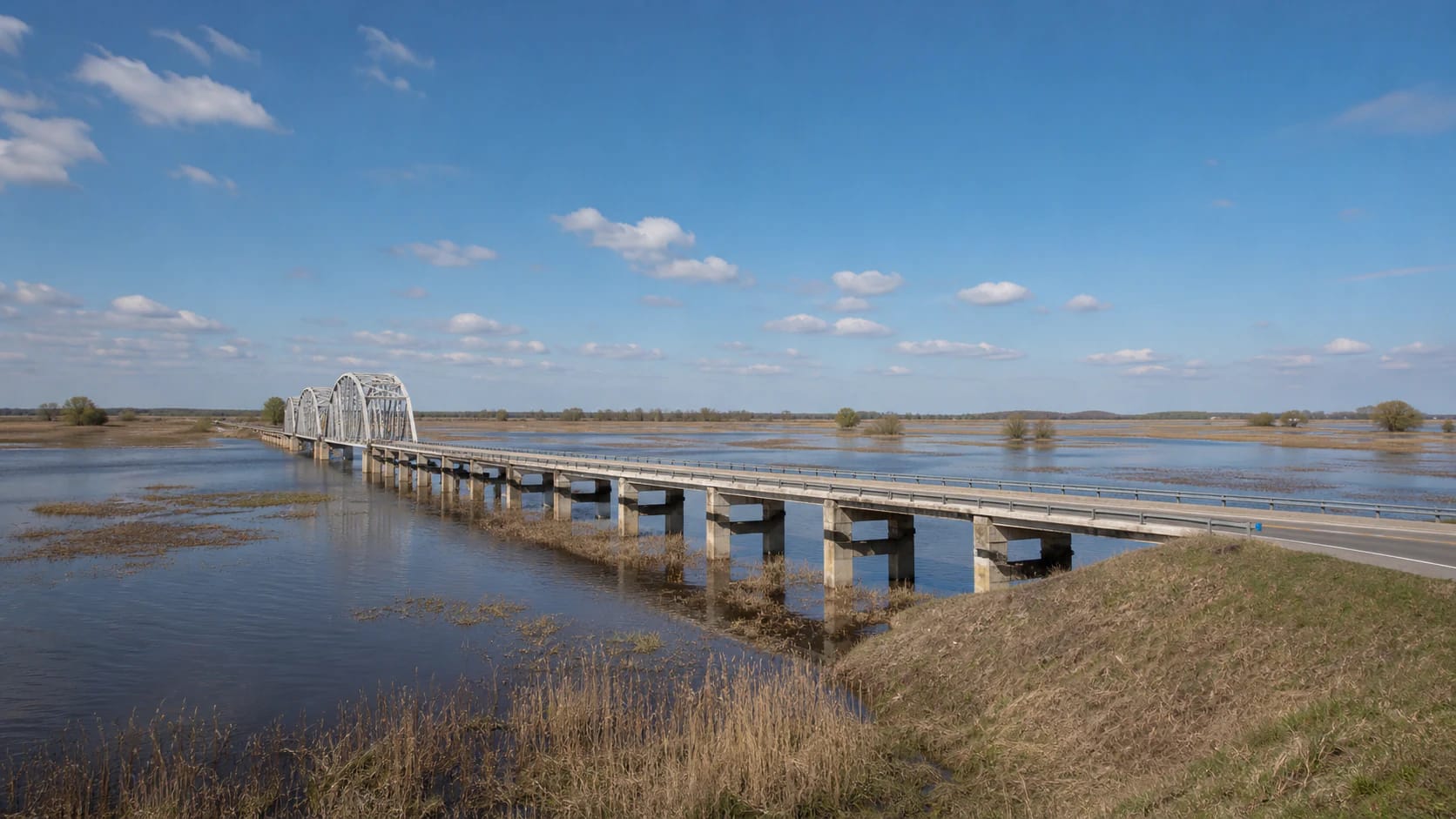Rusnės estakada virš užliejamų Nemuno deltos pievų ir kelias į Rusnės salą