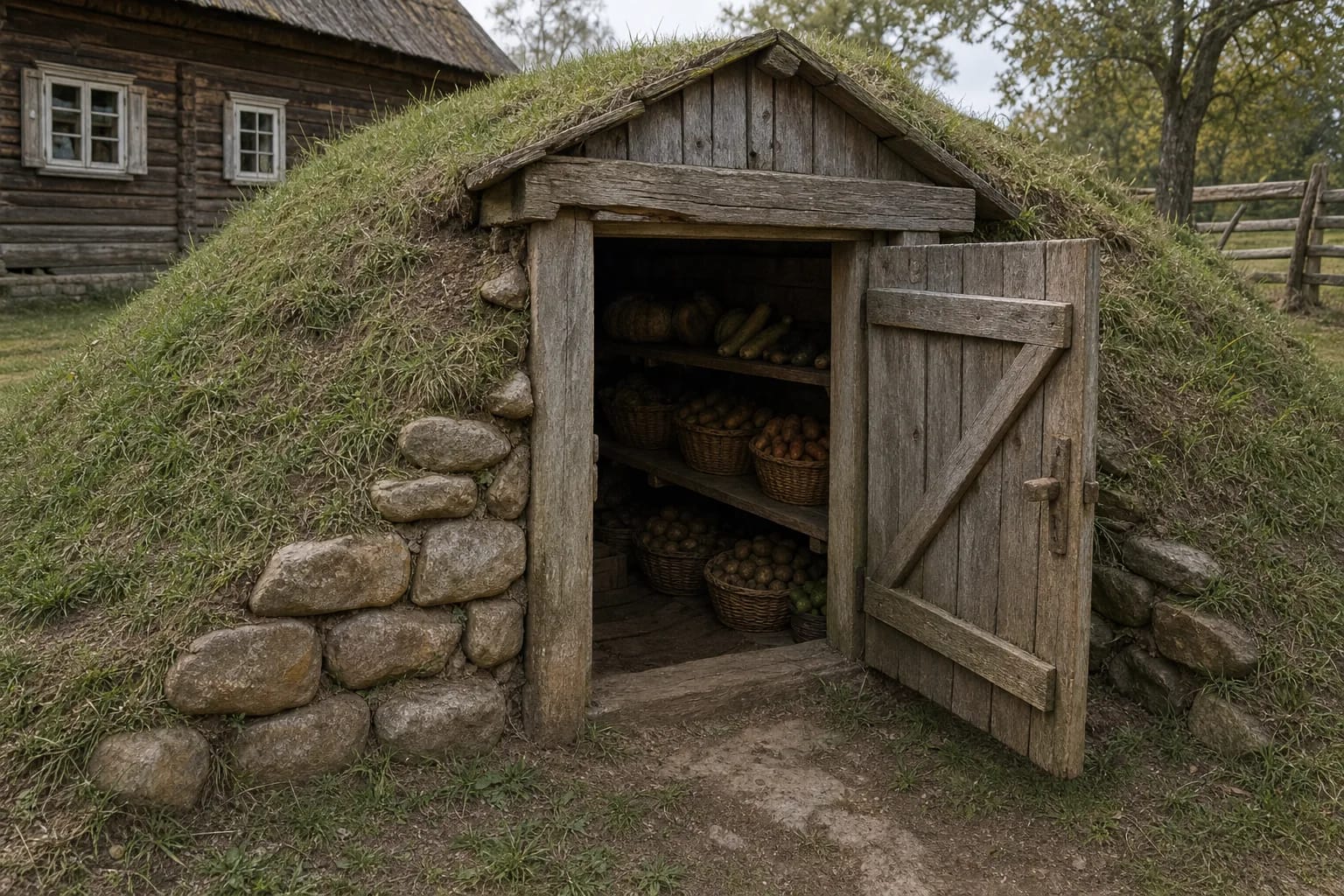 An earth cellar used soil as natural insulation for cool storage.