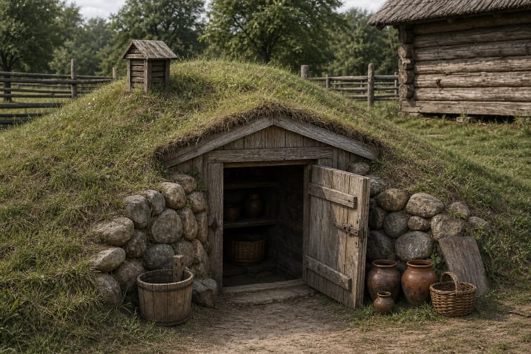 Traditional homestead rūsys cellar with an earth-covered roof, stone walls, wooden doors, and vegetable storage