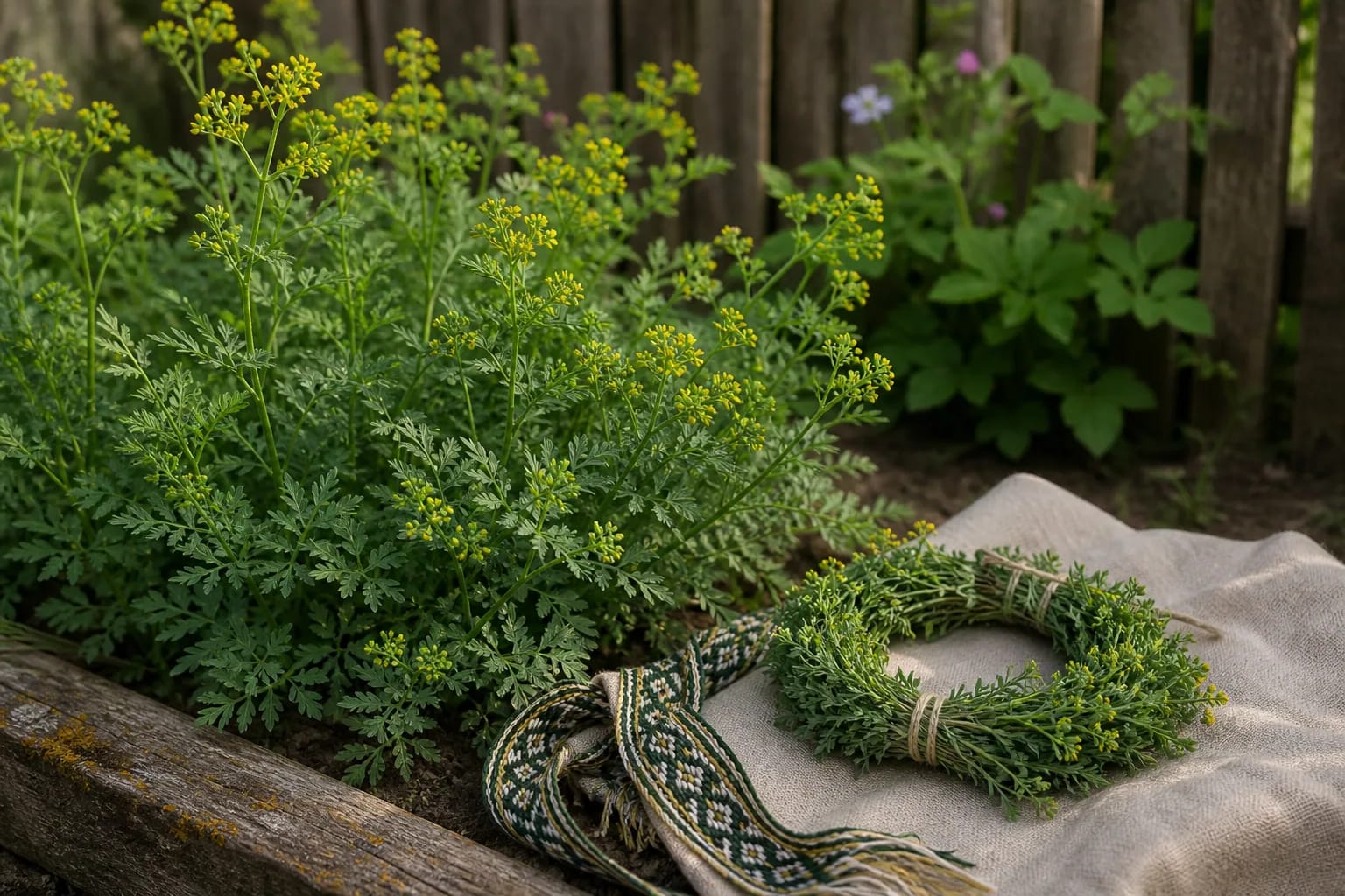 Rue plants in a garden with a small wreath and woven ribbon on linen.