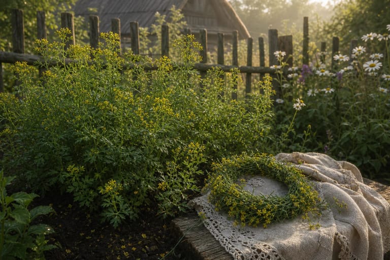 Green rue and a rue wreath in a girl's garden as a Lithuanian symbol of maidenhood