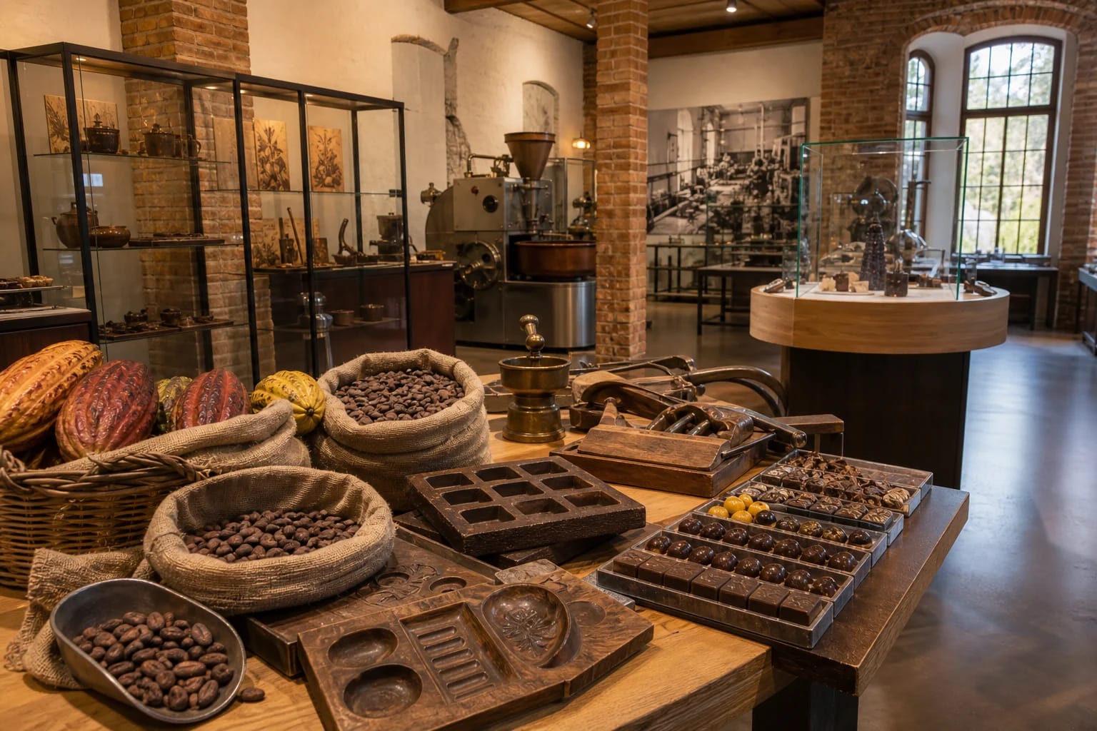 Rūta Chocolate Museum exhibition in Šiauliai with a cacao tree and historic chocolate vessels