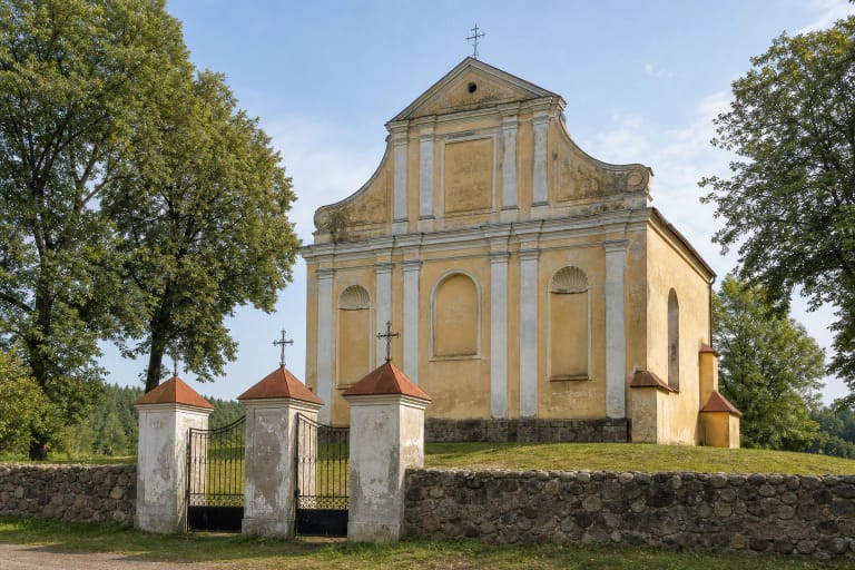 Palei lauko akmenų tvorą matoma gelsva renesansinė Rykantų Švč. Trejybės bažnyčia