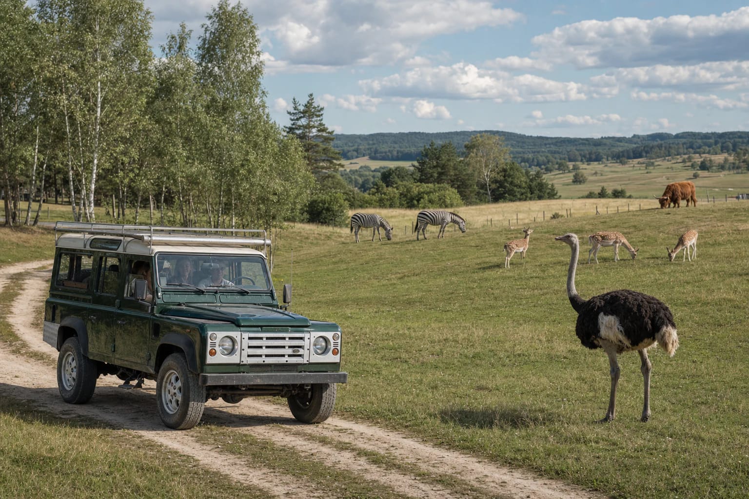 Зелёный внедорожник едет по лугу Safari Parkas между страусом, зебрами, ланями и хайлендской коровой