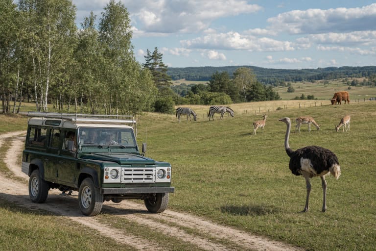 Žalias visureigis važiuoja Safari parko pievų keliu tarp stručio, zebrų, danielių ir Hailando galvijo