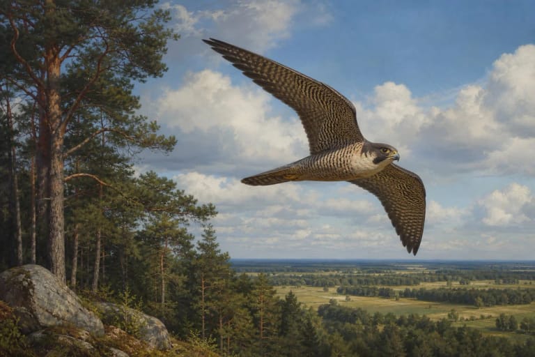A falcon flying above a Lithuanian forest as a symbol of high flight and the young man