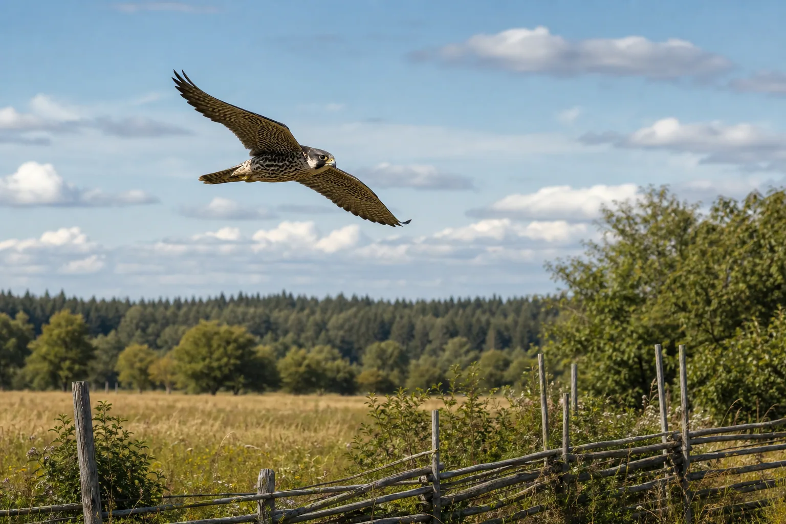 Falcon flying over a Lithuanian meadow, forest edge, and old fence.