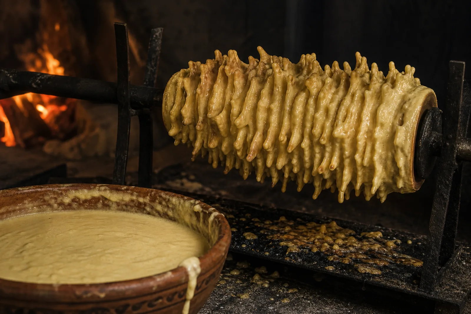 Šakotis: layered cake baked on a rotating spit in a Lithuanian traditional food context