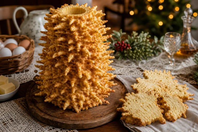 Lithuanian šakotis on a festive table with visible branches, sliced pieces, and eggs for the batter