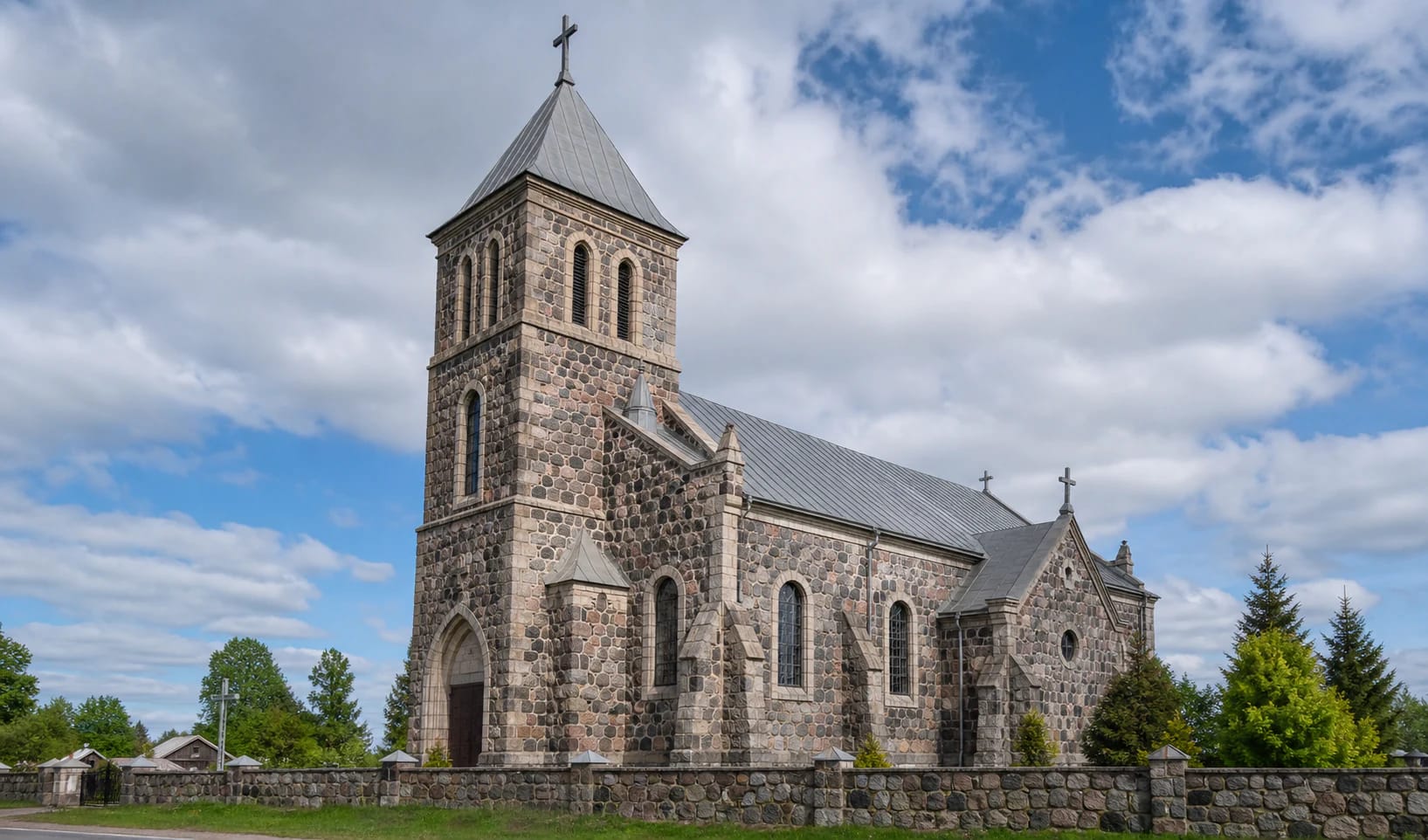 Fieldstone masonry and tower of Salakas Church of Our Lady of Sorrows