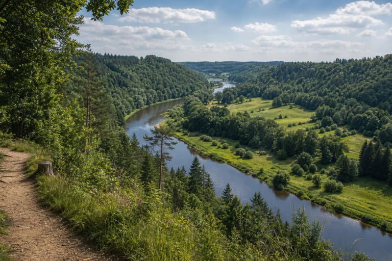 Ancient Minija River valley in Salantai Regional Park with wooded slopes