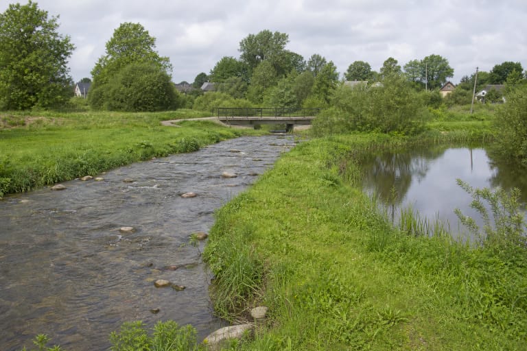 Restored stony channel of the Salantas River and the calm Salantai Pond backwater separated by grass, with a low bridge at the edge of town