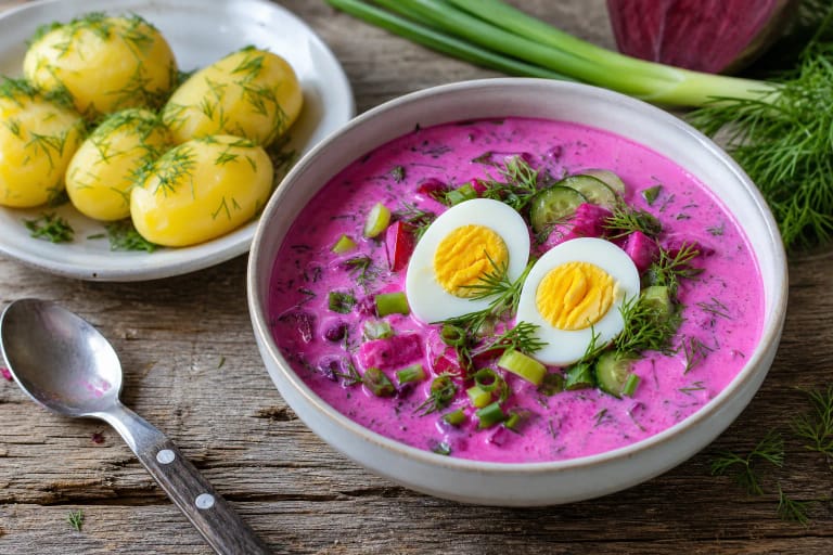 Lithuanian cold beet soup with potatoes