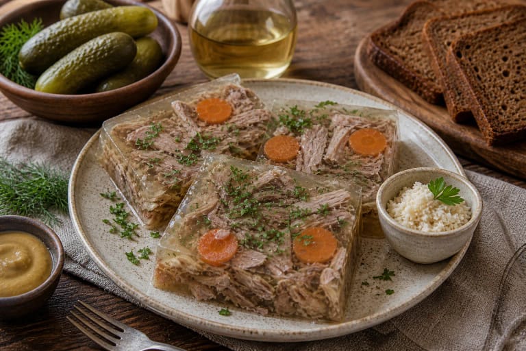 Lithuanian šaltiena with meat pieces, carrots, horseradish, vinegar, and rye bread