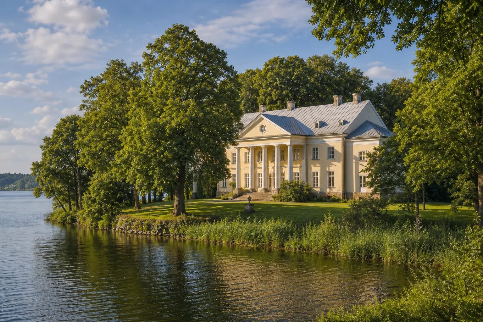 Classical Salos Manor palace with columned portico on an island in Lake Dviragis and an old park