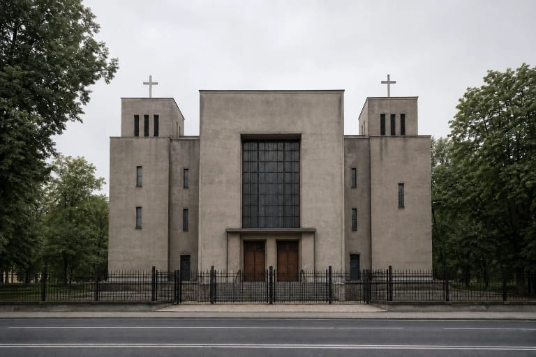 Monumentalus pilkas Šančių bažnyčios fasadas su dviem žemais bokštais ir dideliu centriniu langu