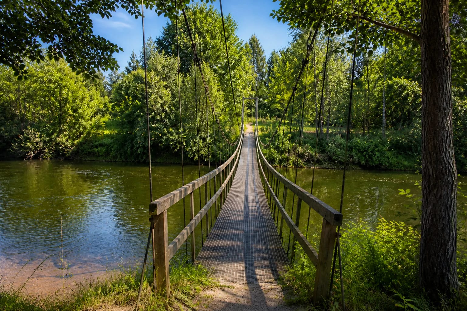 Narrow Santakos suspended footbridge over the Žeimena between green riverbanks