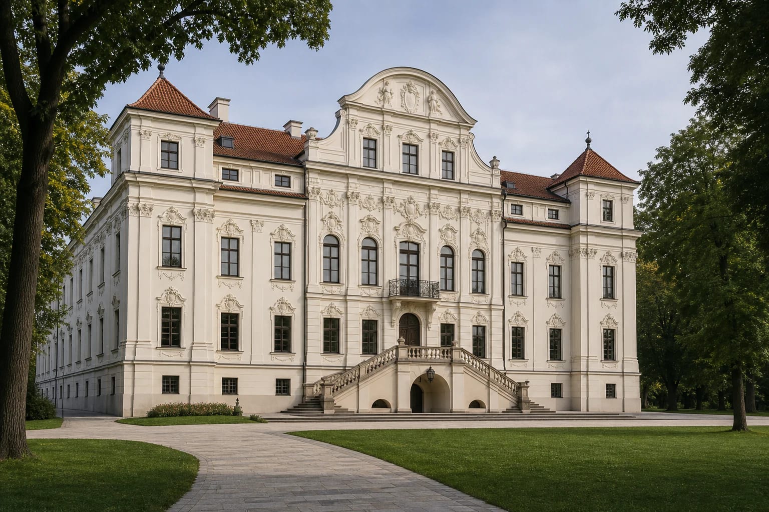 Baroque facade of Sapieha Palace in Antakalnis seen from the Sapieha Park side