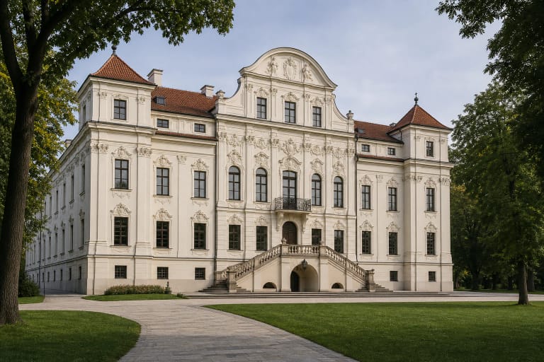 Sapiegų rūmų barokinis fasadas Antakalnyje, matomas nuo Sapiegų parko pusės