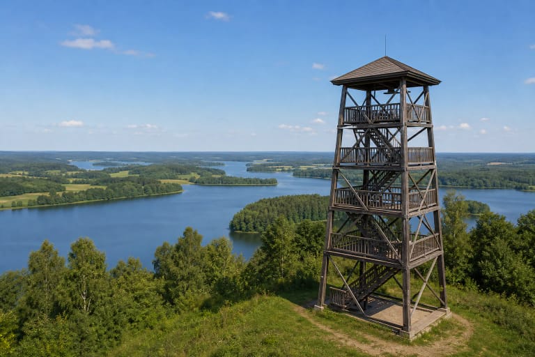 Sartų apžvalgos bokštas virš Sartų ežero ir miškingų Aukštaitijos krantų