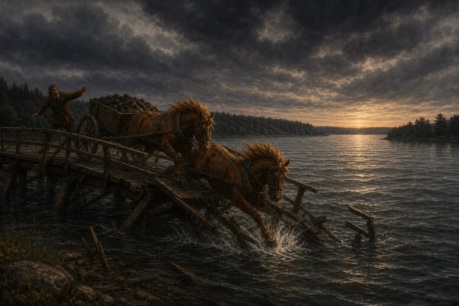 Legend of Lake Sartai visual interpretation with chestnut horses, collapsed bridge, lake name motifs