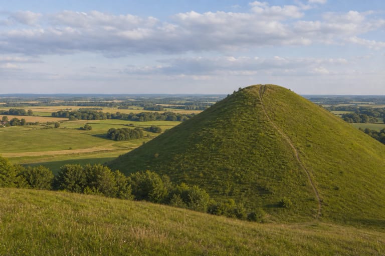 Šatrijos kalnas su stačiais žaliais šlaitais ir Žemaitijos laukų panorama