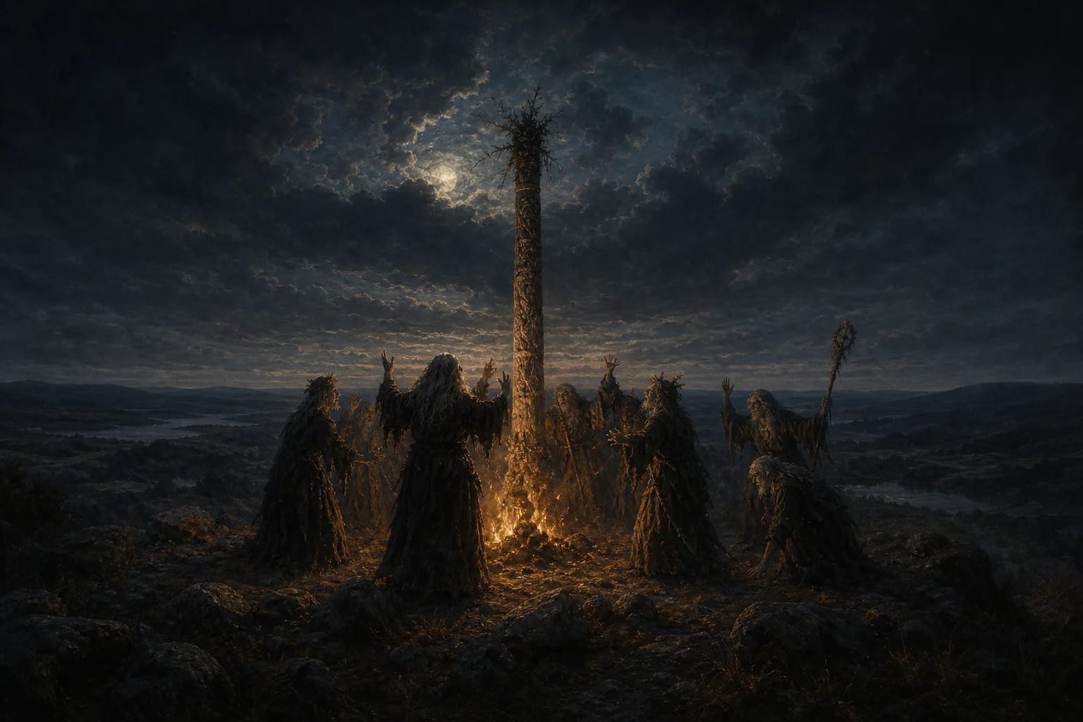 Legend of Šatrija Hill visual interpretation with witches, broom, sacred hill motifs