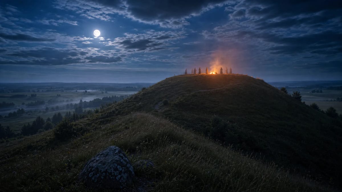 Šatrija Hill in Žemaitija at dusk in the mood of a witches' gathering legend