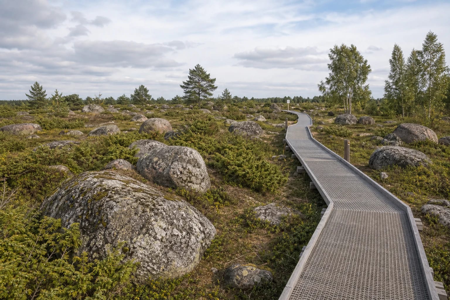 Raised Šaukliai Boulder Field Nature Trail among large boulders and junipers