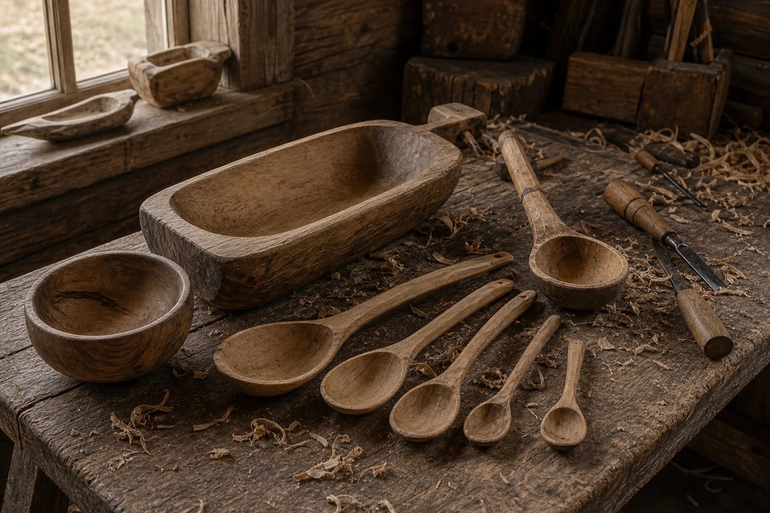 Lithuanian carved wooden spoons, a ladle, and a hollowed wooden trough on a wooden table