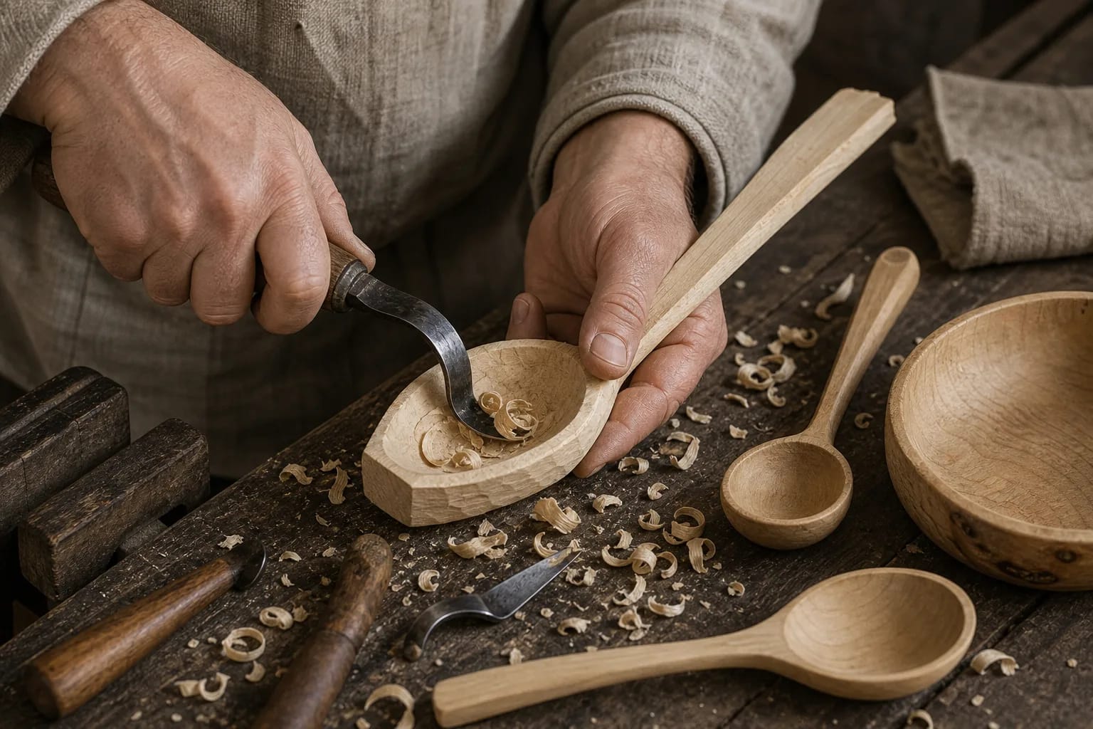 A curved gouge hollows the bowl of a wooden spoon.