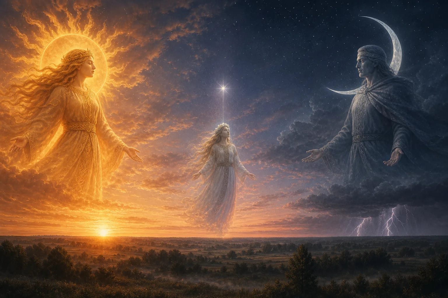 Saulė, Mėnuo, and Aušrinė above Lithuanian fields in a mythical dawn sky
