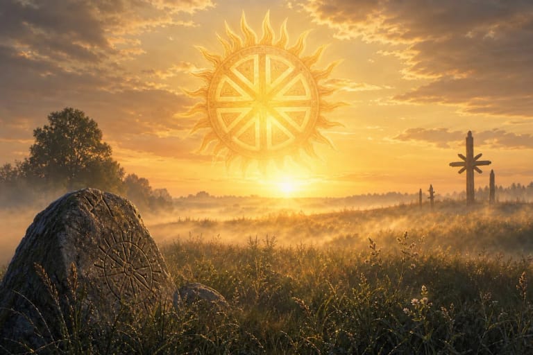 A sun wheel rising above Lithuanian fields as a symbol of light and life in Lithuanian mythology