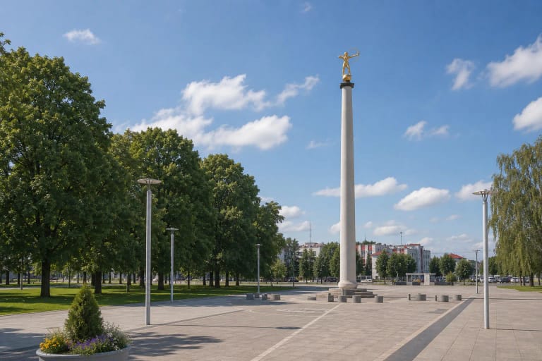 Sundial Square column with the gilded Archer sculpture in Šiauliai