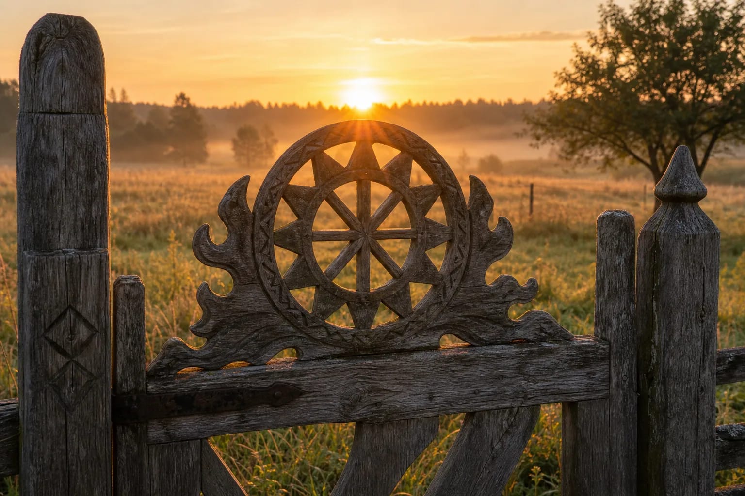 Carved sun wheel on homestead gates before the rising sun.