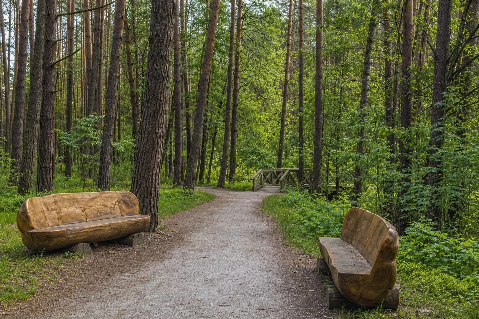 Saulės Trail with wooden benches in the Ratnyčia pine forest in Druskininkai