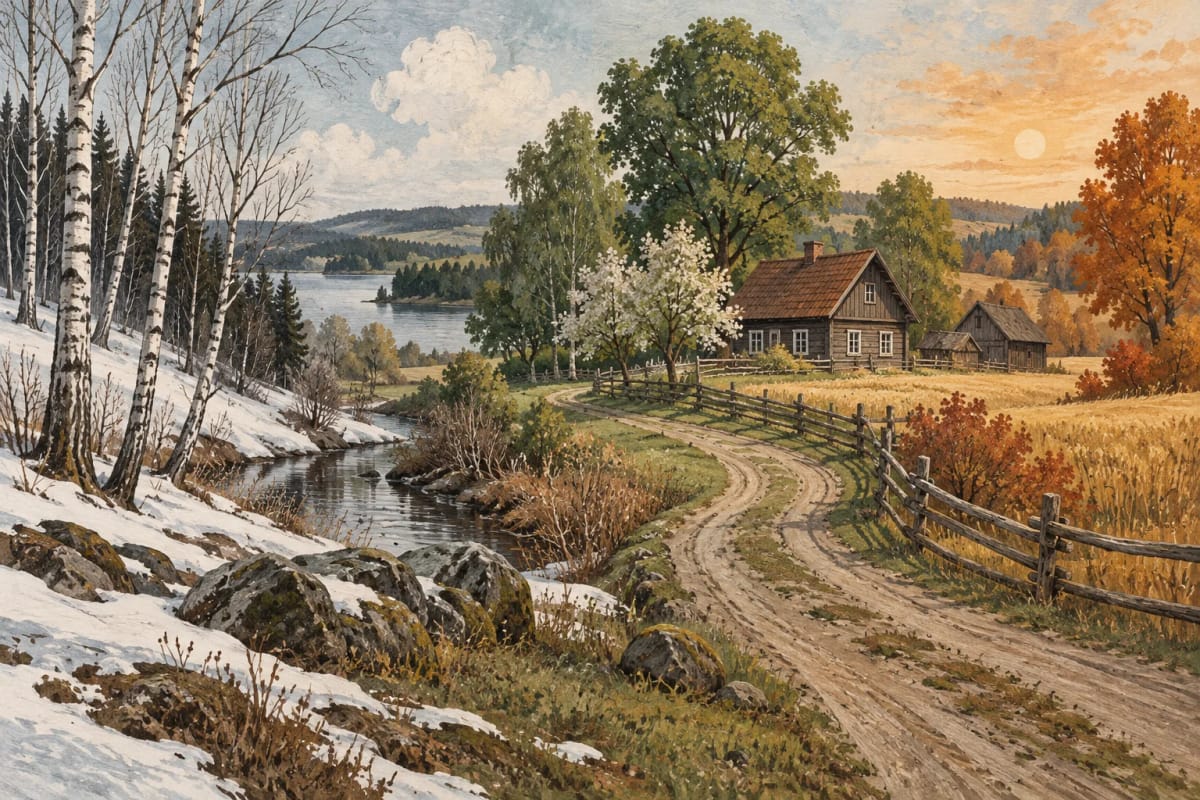 Thematic illustration of the seasons and rural work, not a documentary photograph of a particular custom