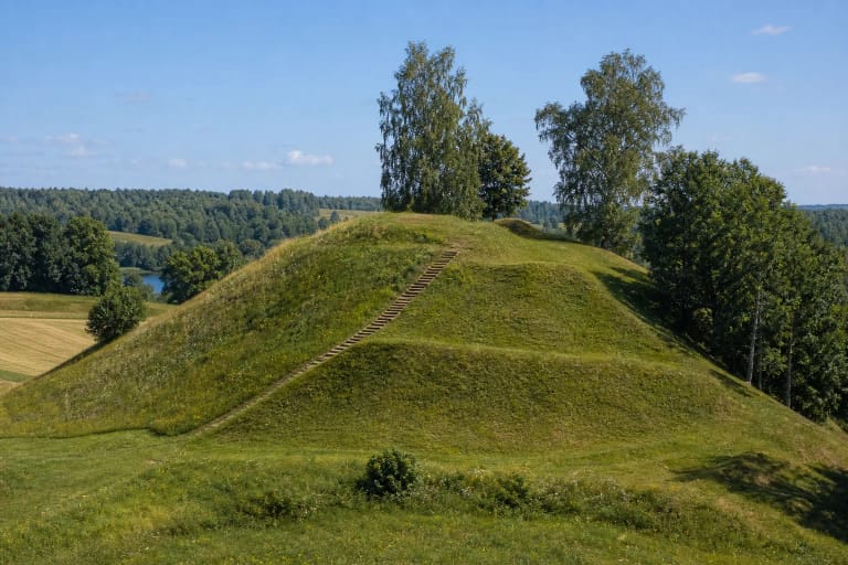 Šeimyniškėlių Vorutos piliakalnio žalia kalva su pylimų linijomis ir taku