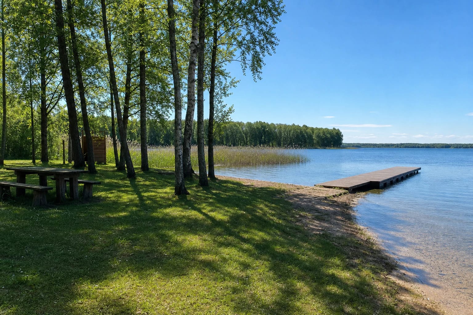 Grassy shore, narrow sandy strip, and timber pier among birches at Seirijis Lake Bathing Area