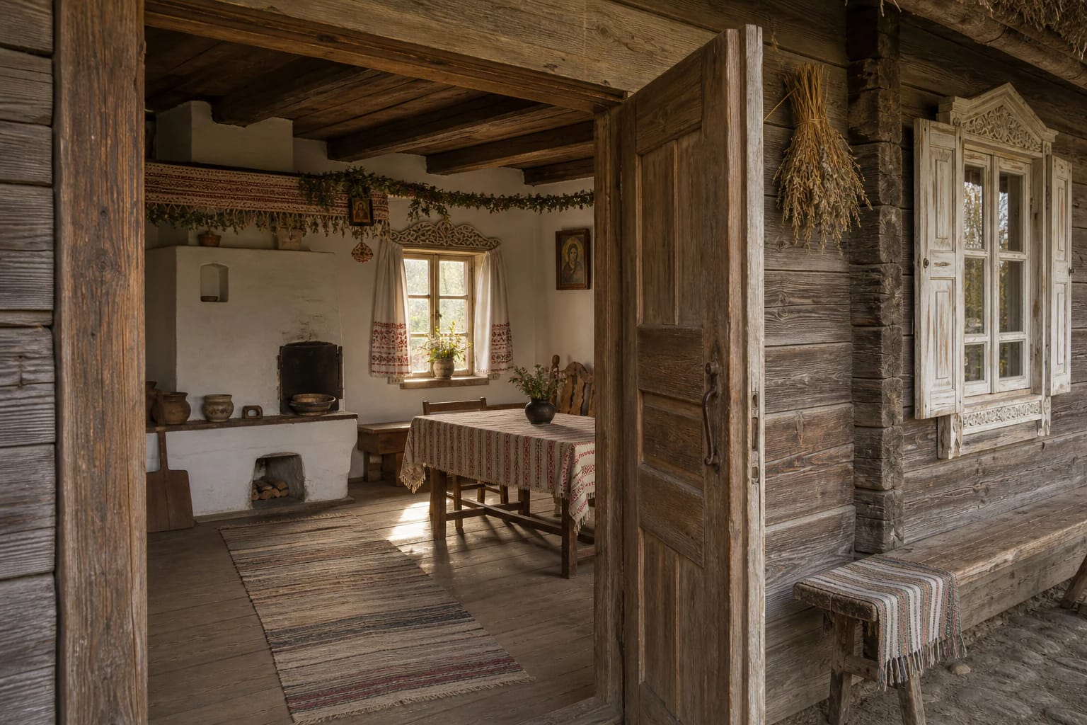 Traditional seklyčia with a wooden table, benches, chest, sacred corner, bright windows, and a festive village-house atmosphere