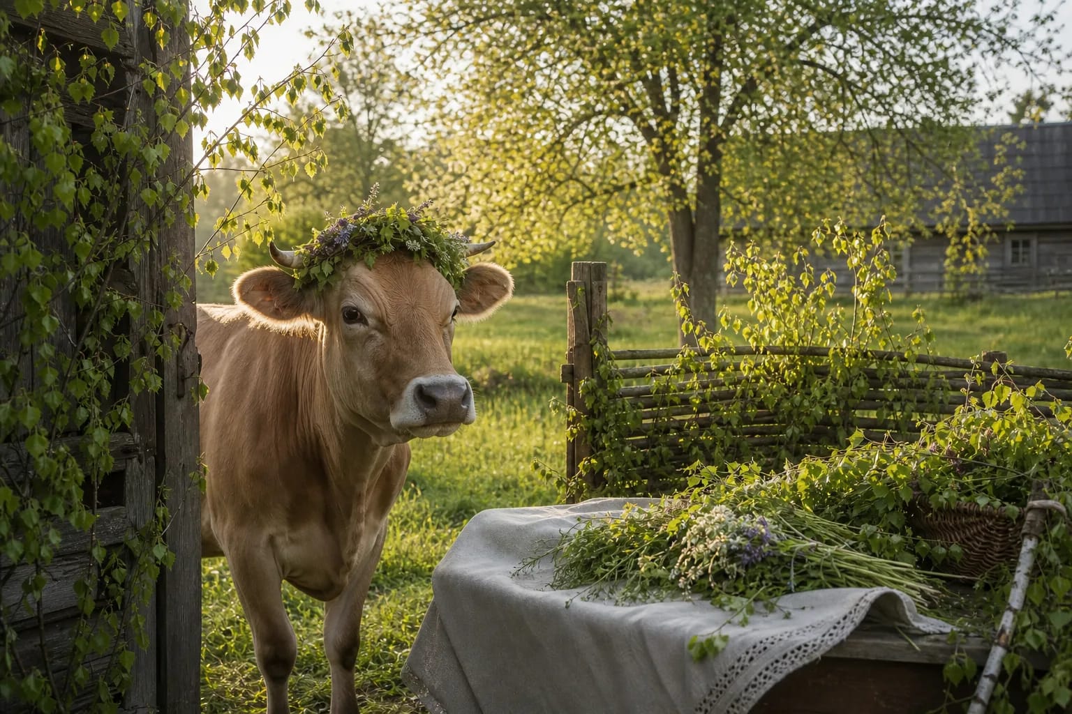 Sekmines greenery at a farmstead with a crowned cow and birch branches