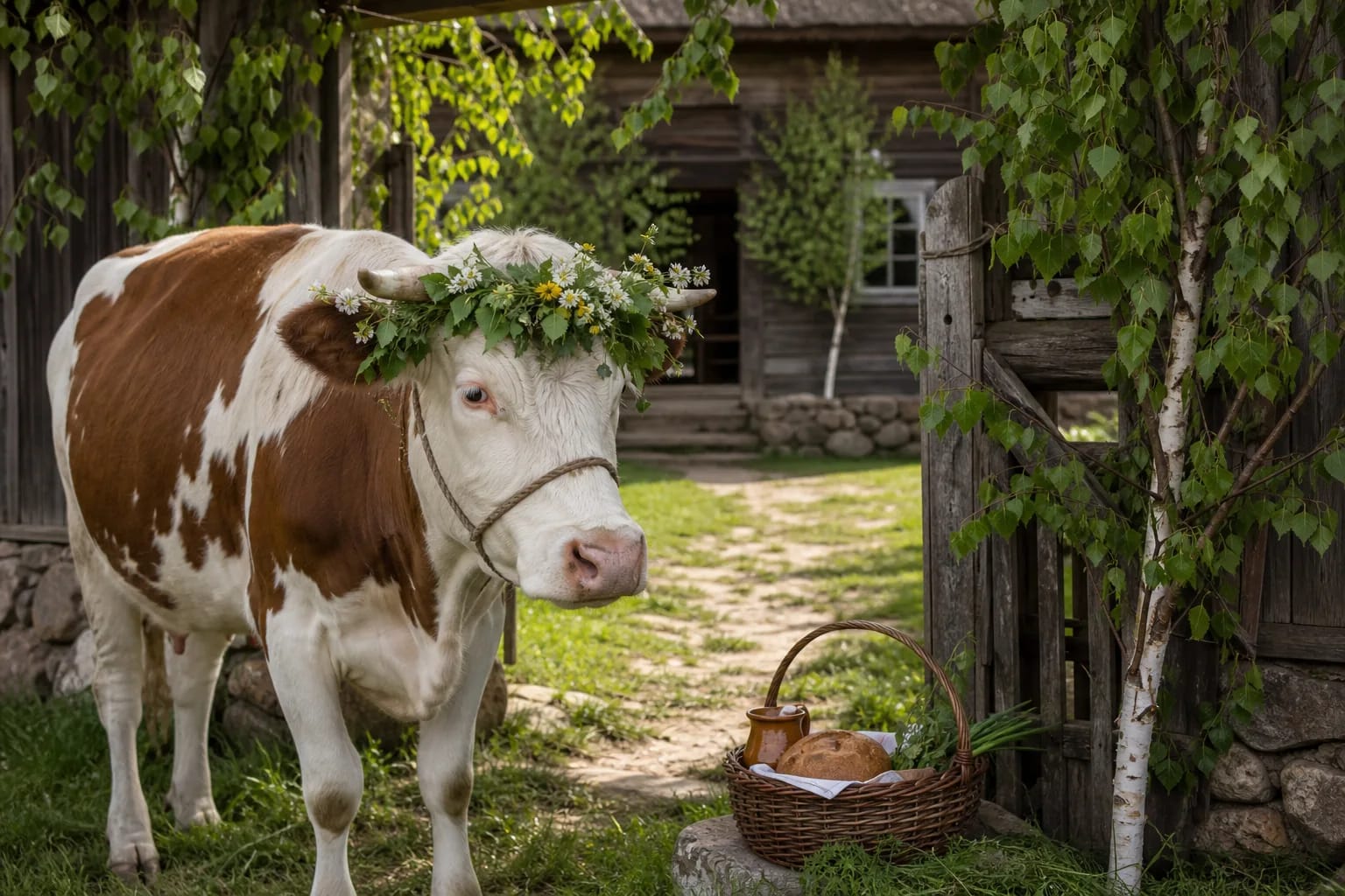 A Sekmines crowned cow by a doorway decorated with birches