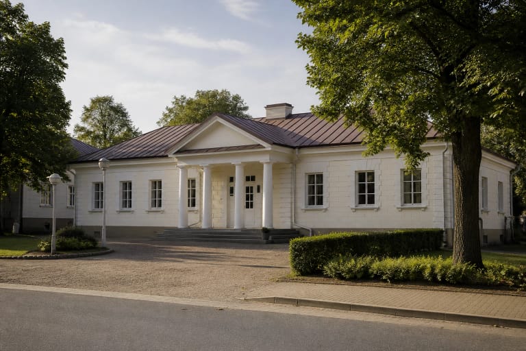 Senojo Utenos pašto žemas šviesus klasicistinis pastatas su centriniu portiku, medžiais ir kiemo prieiga Utenoje