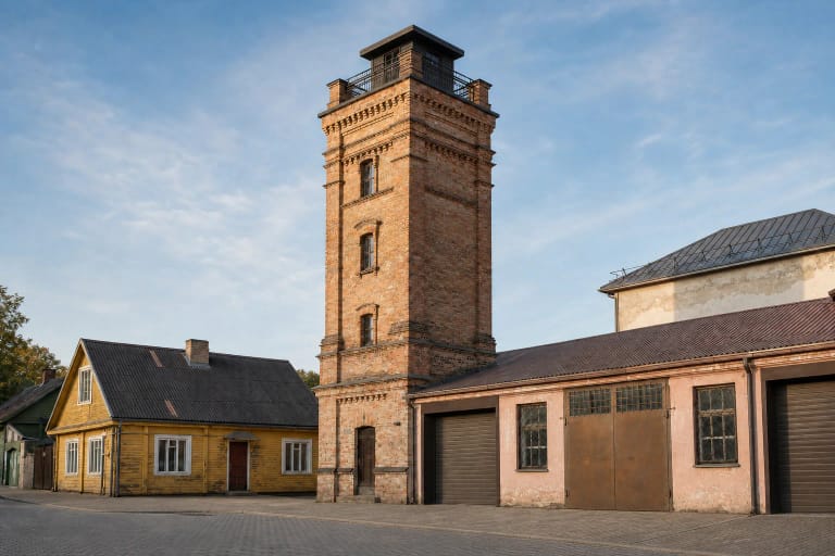 Ukmergės senosios gaisrinės aukštas kvadratinis raudonų ir geltonų plytų bokštas su terasa, turėklais ir mažesne stebėjimo patalpa viršuje