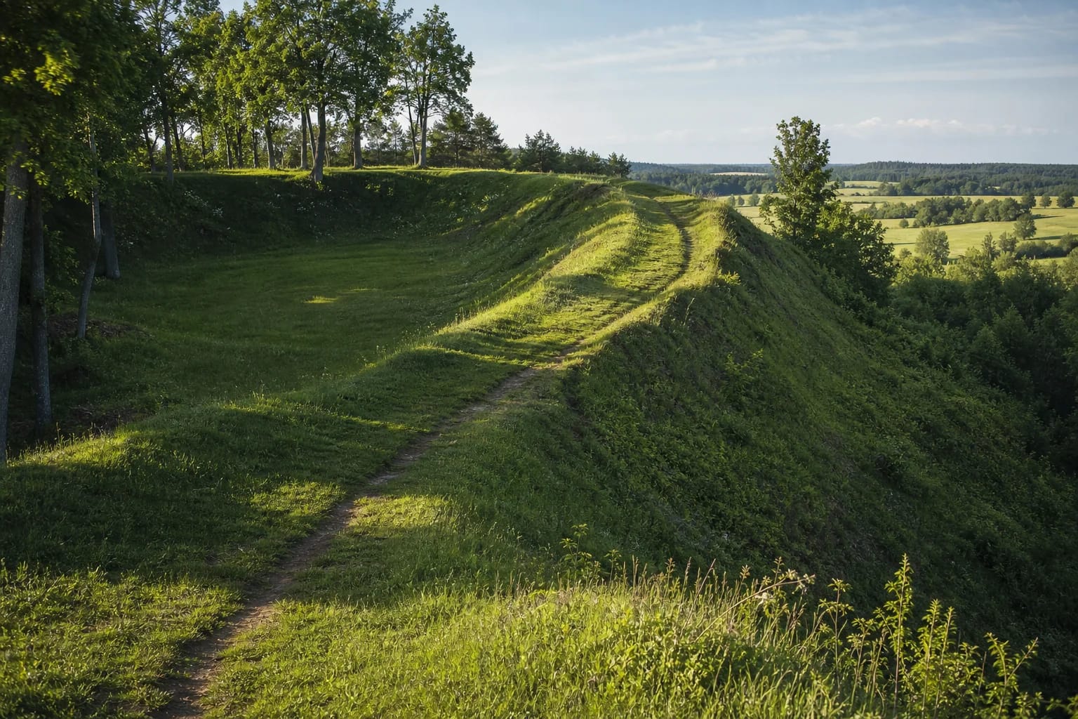 Platform of Senoji Įpiltis Hillfort with a high rampart and green slopes