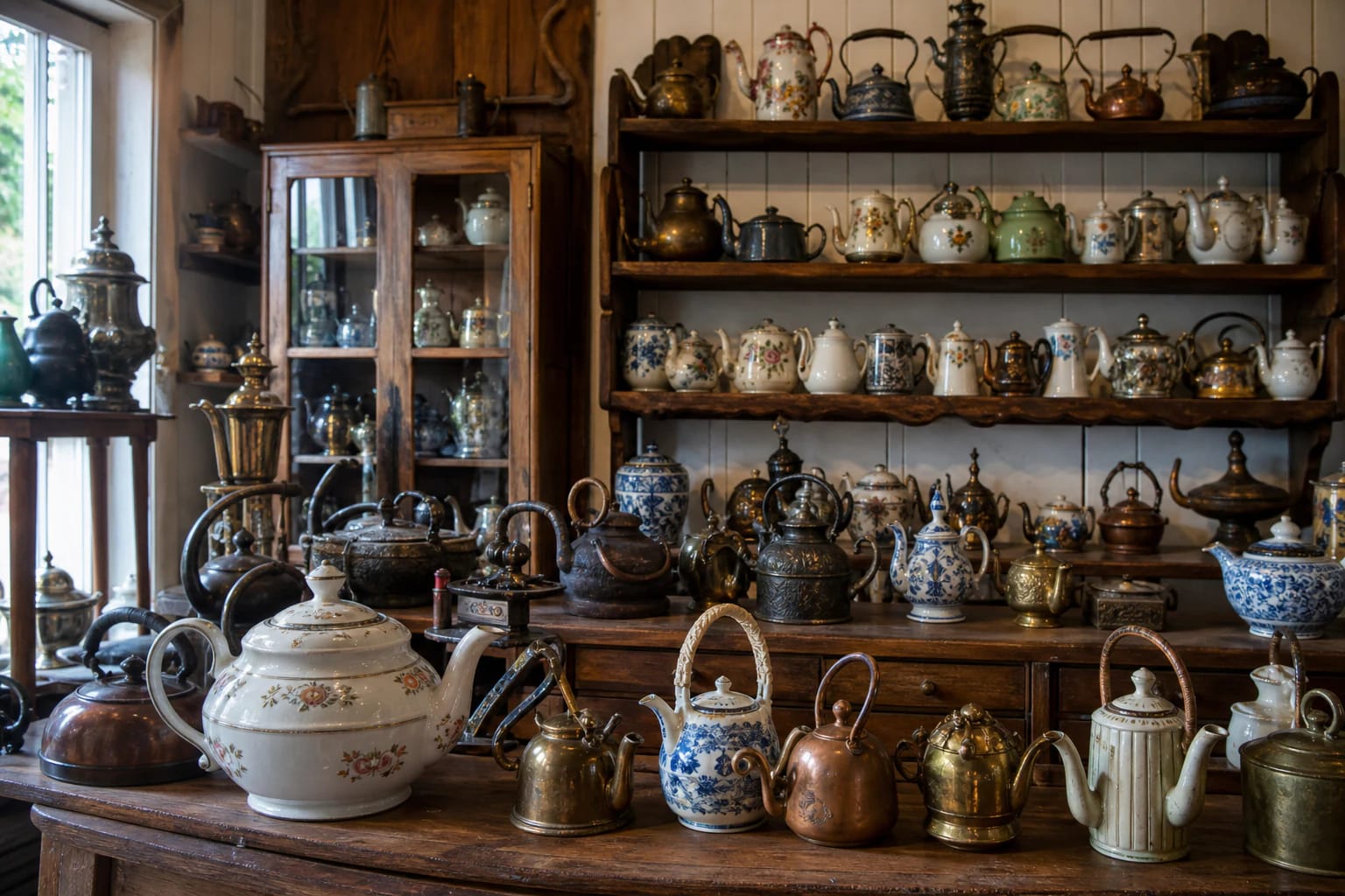 Wooden gallery room with shelves of varied antique teapots and samovars